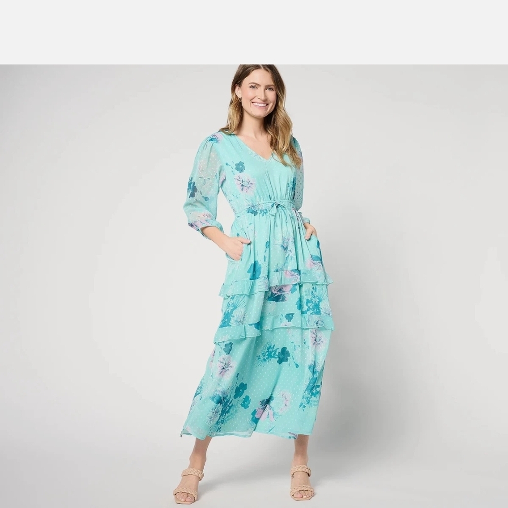 Elegant Aqua Floral Midi Dress